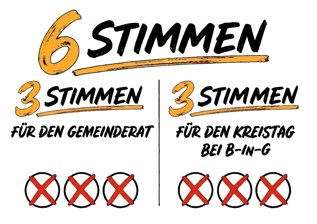 6 Stimmen - 3 für den Gemeinderat CDU, 3 für den Kreistag B-In-G